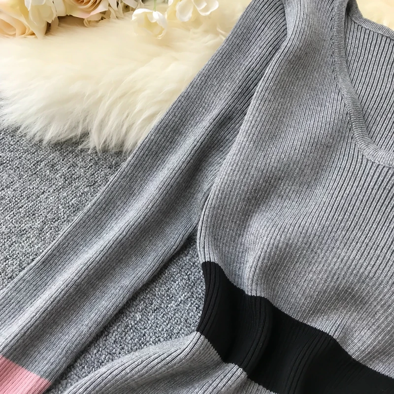 ALPHALMODA осеннее Новое винтажное вязаное платье женское цветное Элегантное зимнее платье с длинными рукавами вязаное платье-футляр