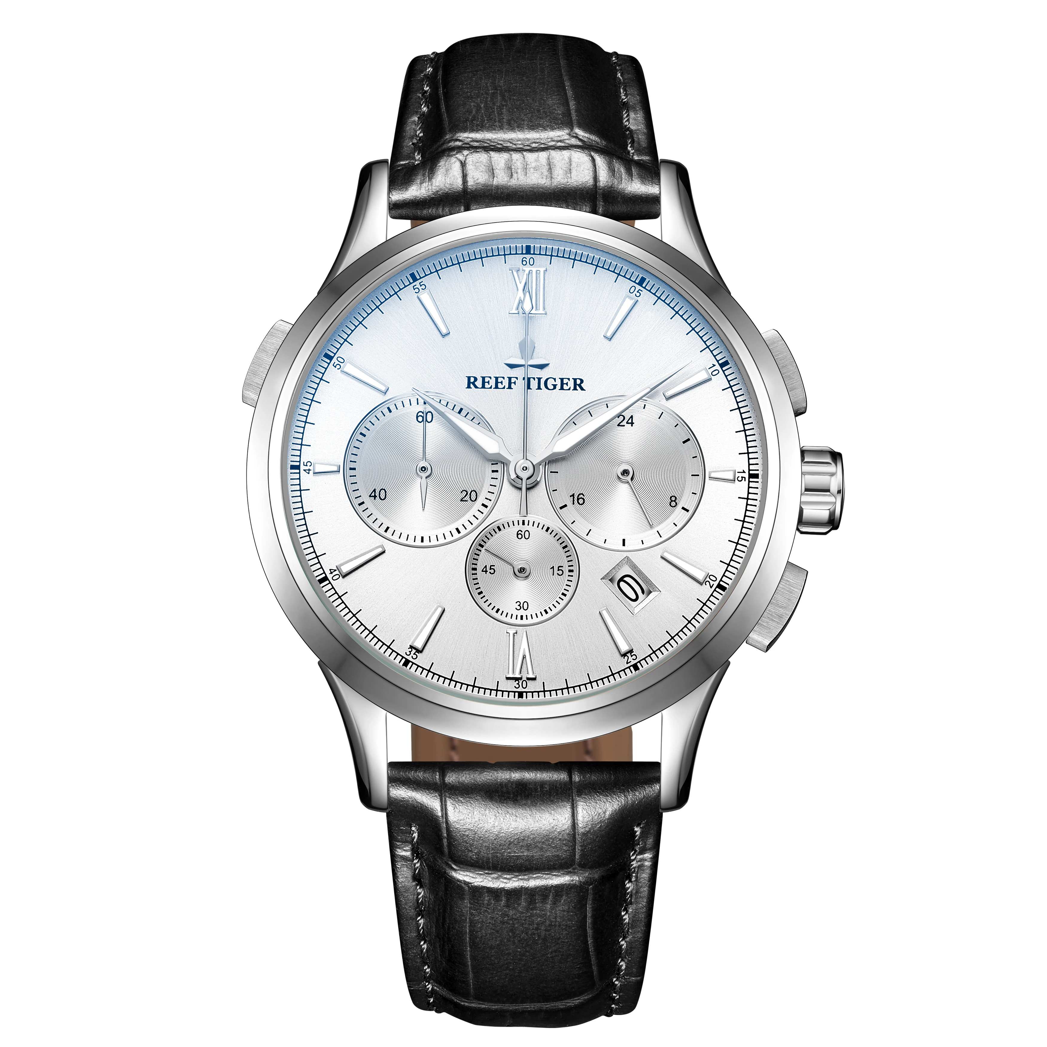 

2021 Reef Tiger/RT Luminous Watch Men Luxury Watch White Dial Date Steel Watch Chronograph Quartz Leather Strap RGA1669