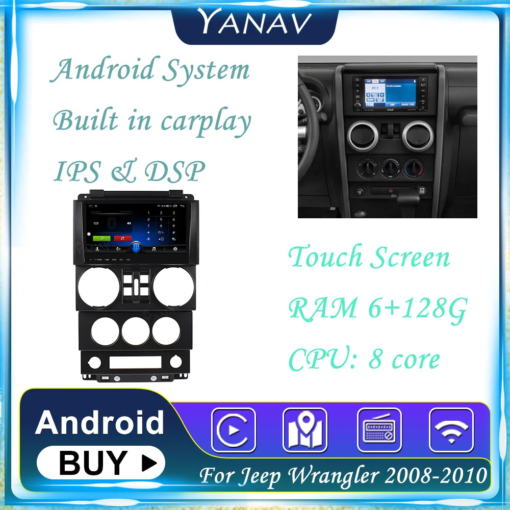 구매 안드로이드 2 딘 자동차 라디오 지프 랭글러 2008-2010 GPS 네비게이션 스테레오 수신기 멀티미디어 플레이어 자동 비디오 무선 Carplay