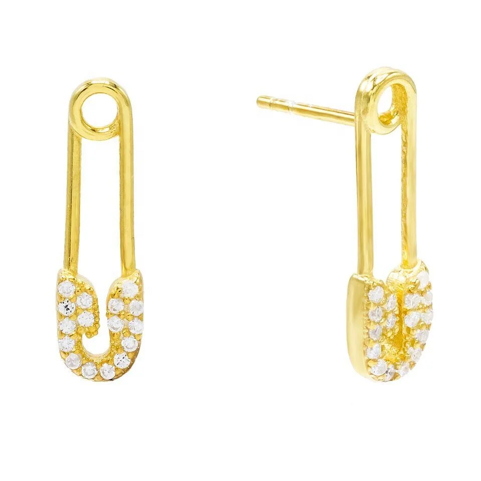 

Original Brand 925 Sterling Silver Jewelry Wholesale Cool Cubic Zirconia Safety Pin Stud Earrings