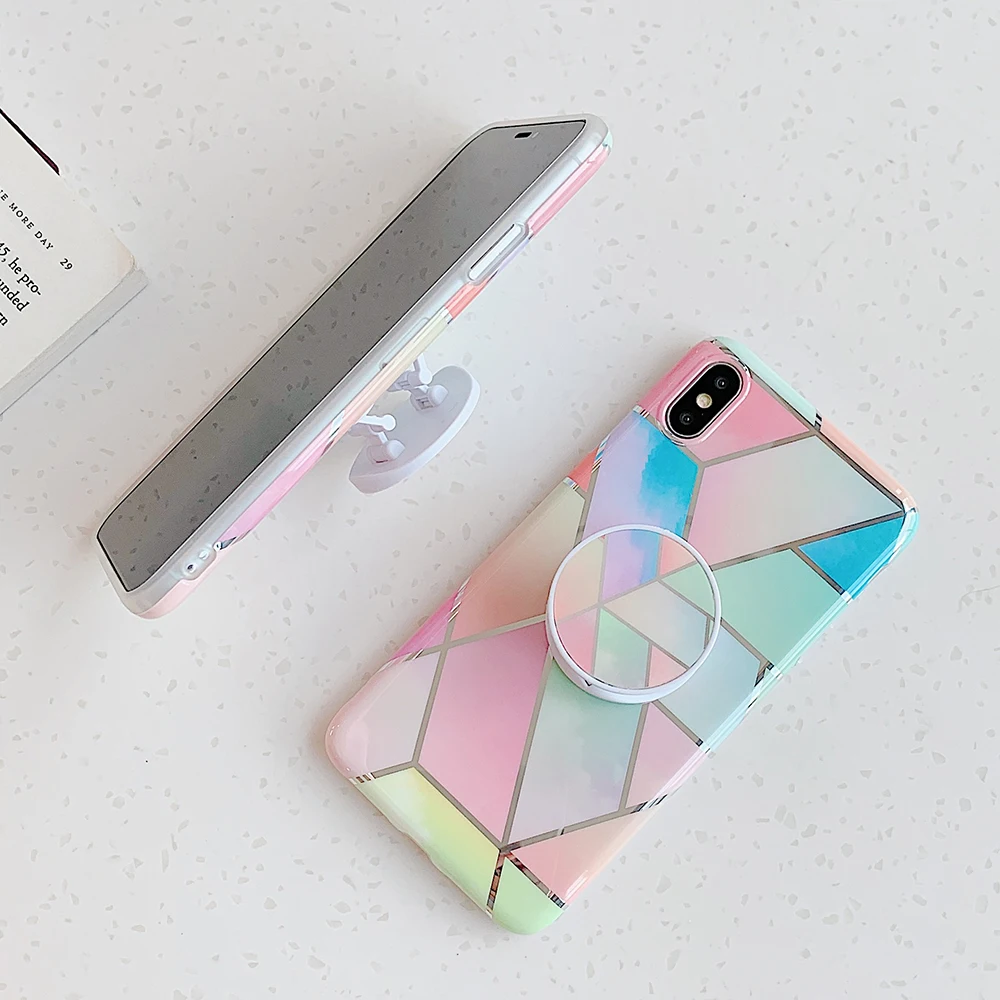 Plated Geometric Marble Strech Holder Phone Case For iPhone 11 Pro Max XR X XS 7 8 6S Plus Soft IMD Cover Bag | Мобильные телефоны