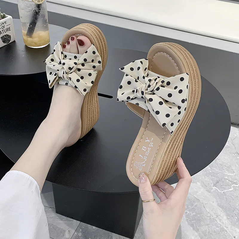 

Bow Slippers Women Summer Wear 2021 New Girly Heart Fashion All-match Platform High-heeled Bohemian Slope with Sandals Women