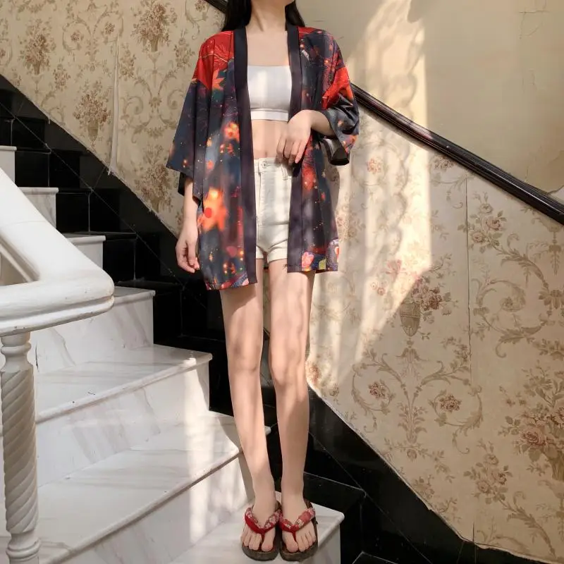 

2021 New Loose Beach Cardigan Asian Fashion Women Harajuku Japanese Anime Kimono Cosplay Style Tops Blouse Yukata Clothing