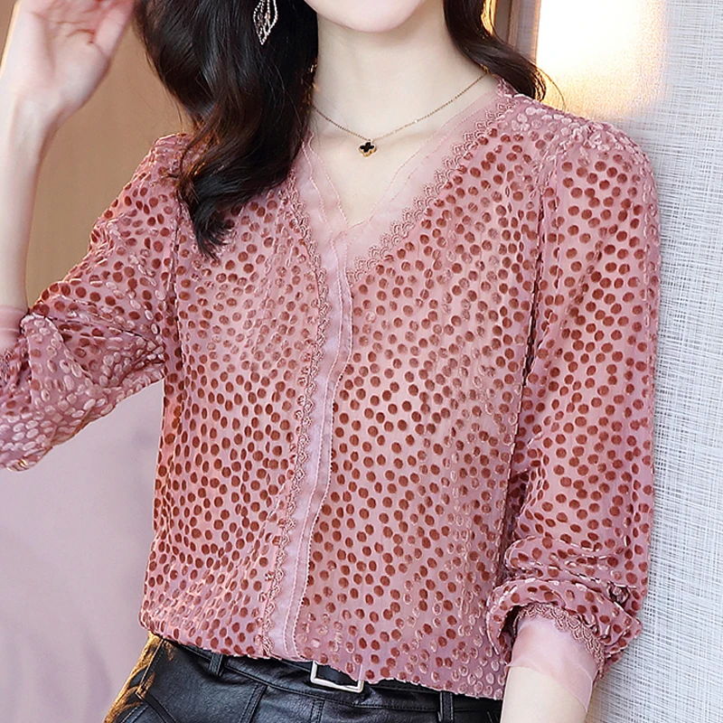 

Блузка с длинными рукавами Для женщин Blusas Mujer De Moda 2021 с v-образным вырезом, платья с рюшами в горошек Шифоновая блузка рубашка Для женщин топы ...