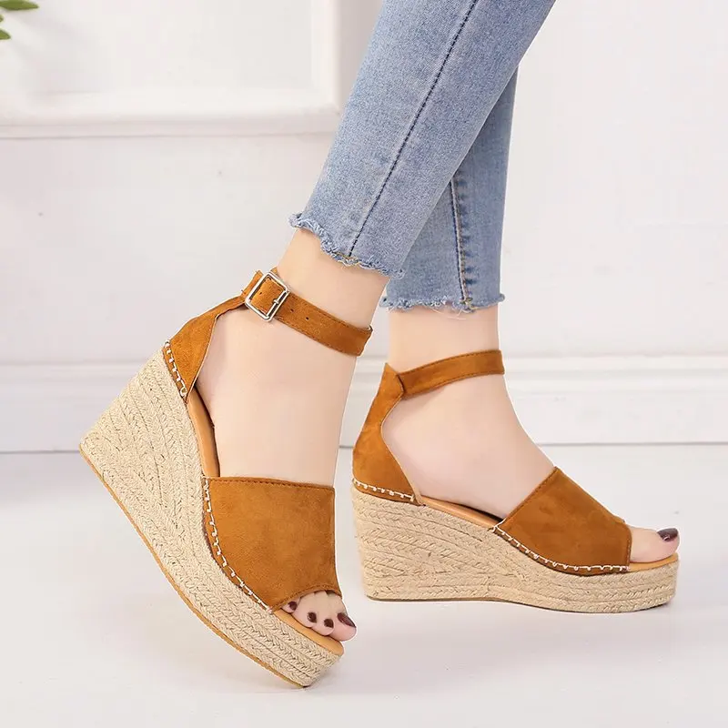 

Women's wedge sandals Roman shallow open toe Buckle Strap Flock sandalias mujer 2020 summer casual platform zapatos de mujer