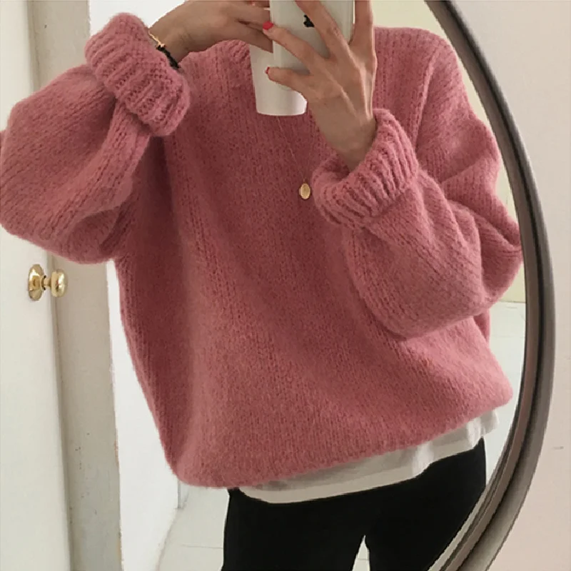 

Pink Women Sweater Pullover Female Knitting Overszie Sweaters Long Sleeve Girls Loose Elegant Knitted Thick Outerwear Plus Size