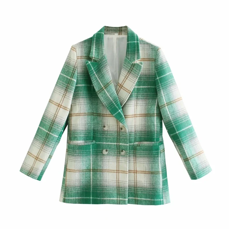 

Temperament Commuting Lightly Cooked Wind Thick Woolen Plaid Jacket Autumn Women's Loose and Thin Double-breasted Blazer Top