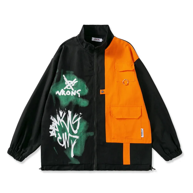 

Windbreaker Cargo Jackets Streetwear Hip Hop Zipper Pockets Color Block Patchwork Jacket Coats Men Harajuku Casual Tops WQ339