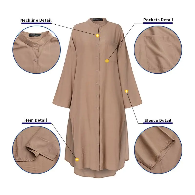 

Oversized Irregular Hem Tops Fashion Stand Collar Long Shirts Casual ZANZEA Side Split Blouses Korean Full Sleeve Solid Chemise