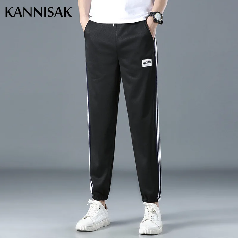 

KANNISAK Fashion Men Pants 2021 Spring Summer Loose Stretch Jogging Pants Casual Male Tie Feet Sweatpants Side Stripe Trousers