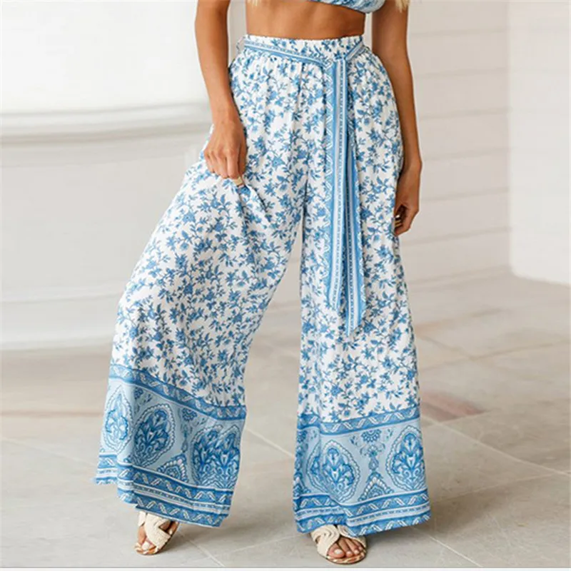 

Women's Palazzo Floral Geometric Print Elastic High Waist Sashes Long Wide Leg Pants Loose Culottes Maxi Trousers