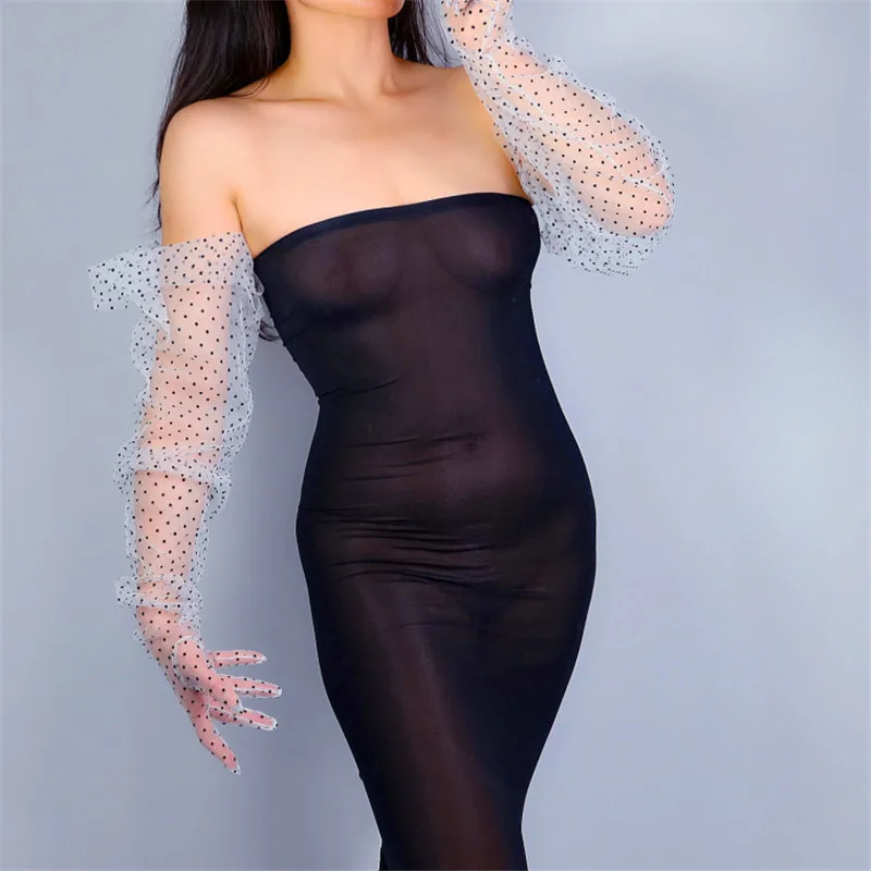 Длинные перчатки в горошек 85 см мелкий кружевные тюлевые с широкими манжетами