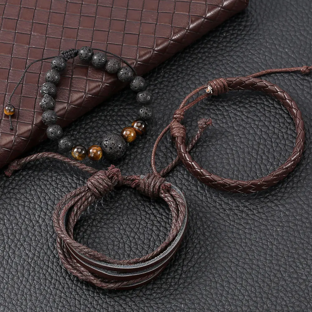 

2021 Watch Bracelet Gift Set Male Black Quartz Numerals Wristwatch Safe Pin Buckle Brown Woven Bangles Birthday Gifts for Son