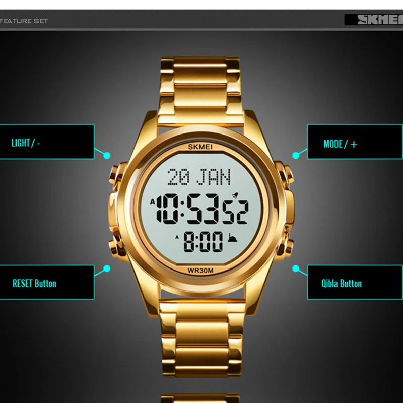 

Digital Mens Watch Sports Volume Adjustment Electronic Clock Stainless Steel Waterproof Male Wristwatches For Muslim SKMEI 2020