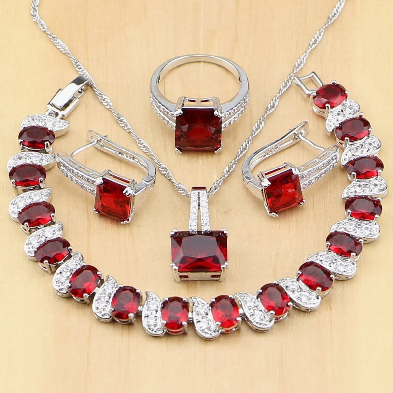 

925 Silver Jewelry Red Cubic Zirconia White CZ Beads Jewelry Sets Women Earrings/Pendant/Necklace/Rings/Bracelet