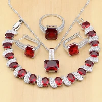 925 silver jewelry red cubic zirconia white cz beads jewelry sets women earringspendantnecklaceringsbracelet