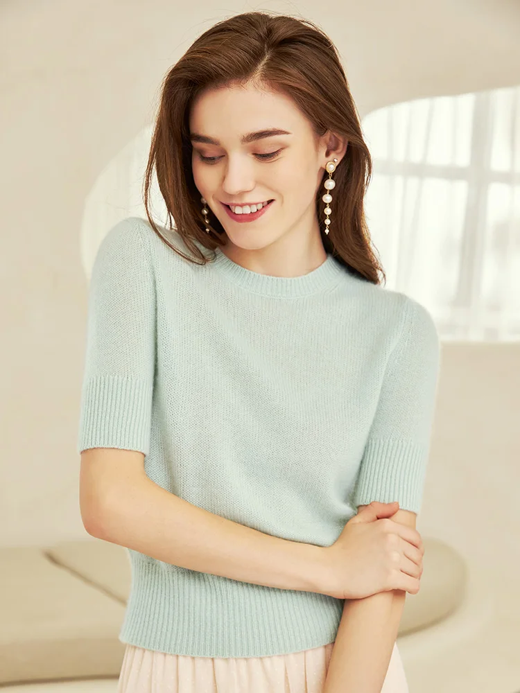 2020 New round Neck Cashmere Sweater Thin Half-Sleeve Shirt Short Knitted Sweater Female