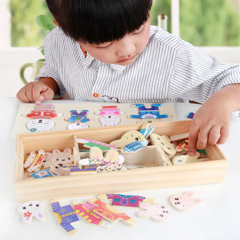 

Мультяшный кролик медведь меняющая одежду деревянные головоломки игрушки Монтессори Обучающие платья меняющие головоломки игрушки для де...