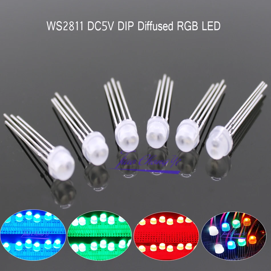 

5-200pcs DC5V straw hat Diffused full-color RGB led with WS2811 F5mm pixels Arduino led chips RGB full color addressable LEDs