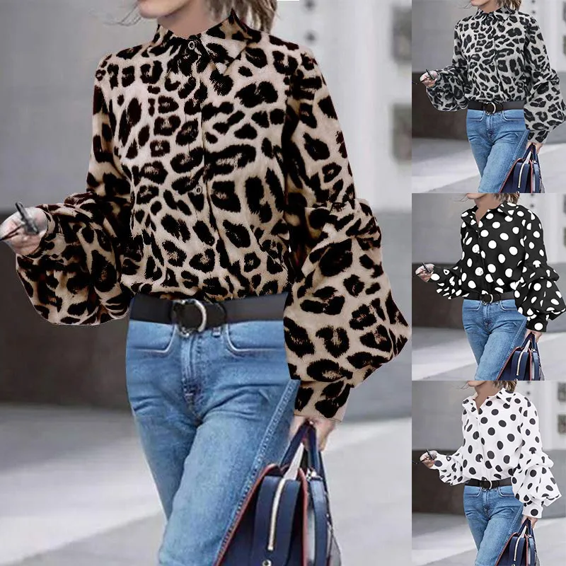 

Женская шифоновая рубашка с леопардовым принтом, винтажная офисная блузка составного кроя с длинными рукавами-фонариками, Новинка осени 2021