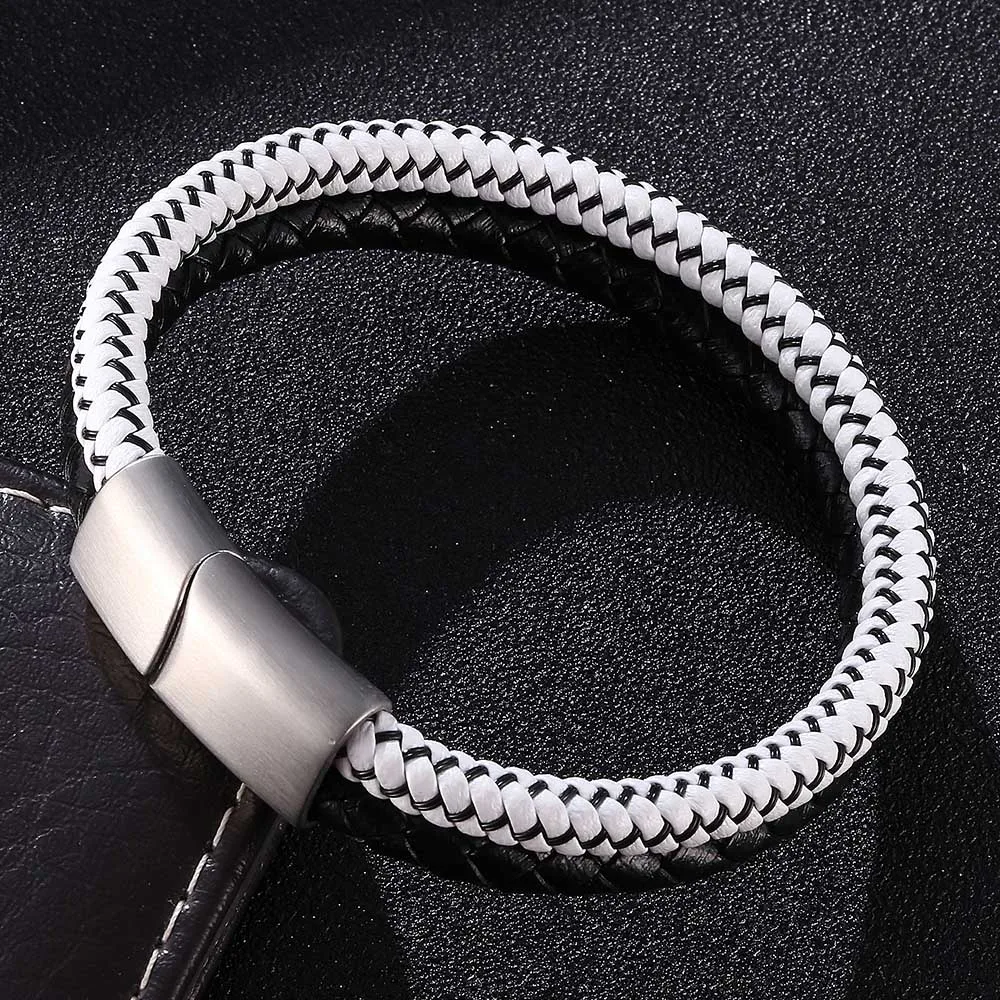

Fashion Stainless Steel Charm Magnetic Black Men Bracelet Leather Genuine Braided Punk Rock Bangles Jewelry Accessories Friend