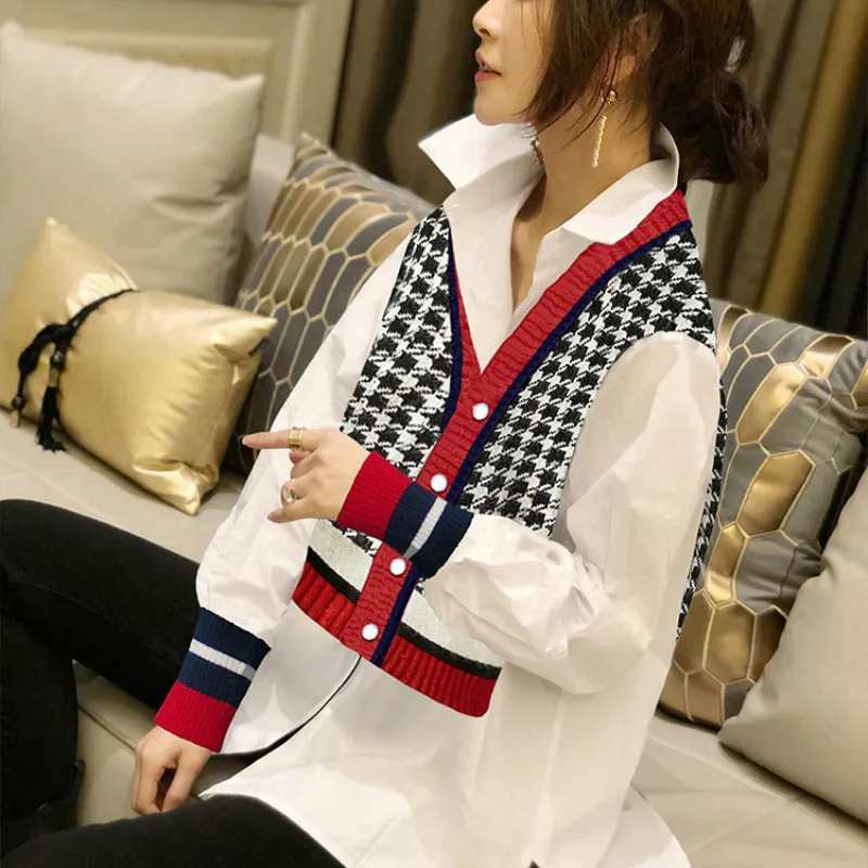 

OIMG Western Design Sense Knitted Stitching Shirt Women's White Mid-length Tops Tide Early Autumn New Style