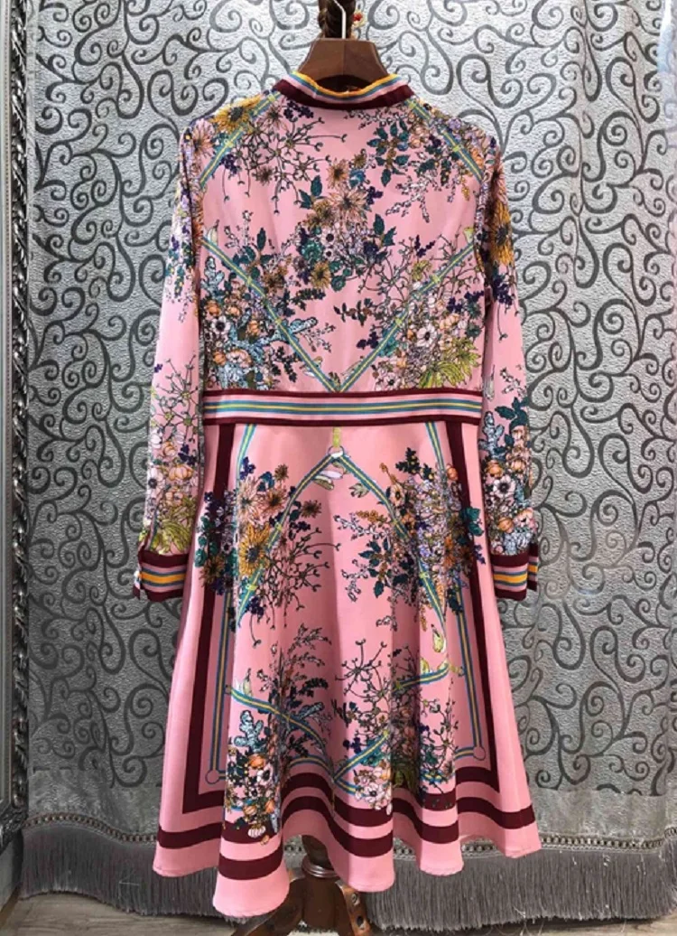 

Sweet Pink 2020 Spring Style Women Bow Collar Charming Floral Print Striped Patchwork Long Sleeve A-Line Chic Dress Ladies