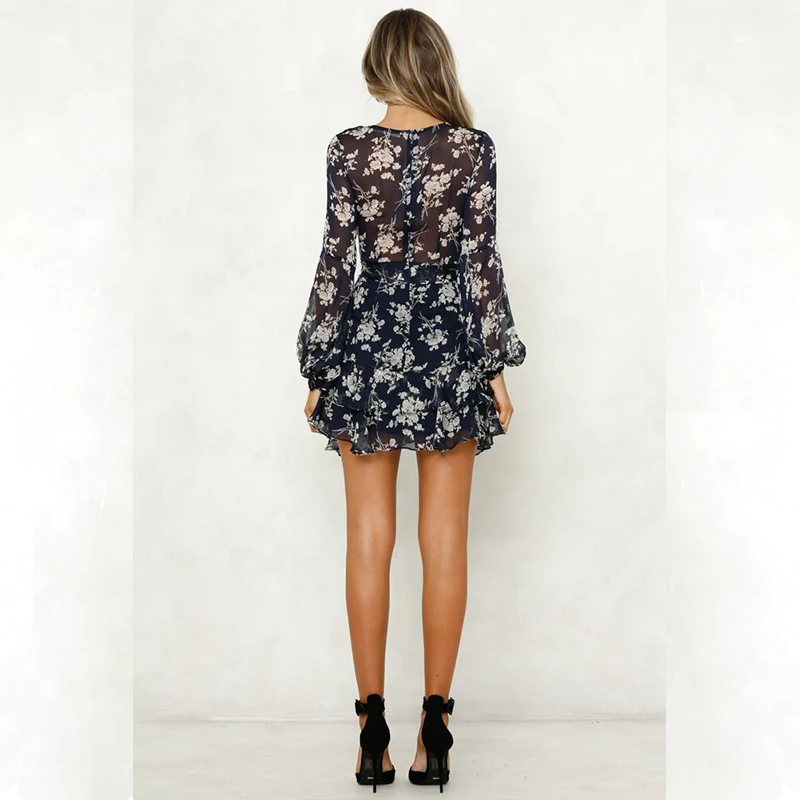 

QRWR Summer Floral Printing Long Sleeve Dress Women V Neck Chiffon Mini Dress Sexy With Sashes Lantern Sleeve Women Dress