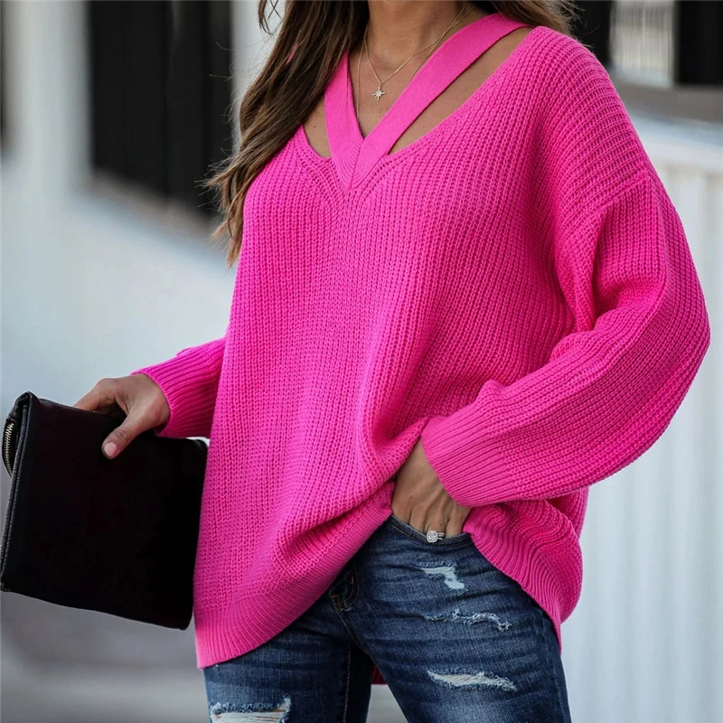 

Women's Winter New Style V-neck Pullover Sweater Knit Sweater Casual Holiday Oversized Long-sleeved Pullover Solid Color Top