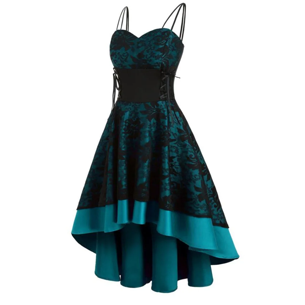 

2020 Women Spaghetti Strap Vintage Lace Dress Overlay Elegant Party High Low Hem Purple Lace Up High Waist Slim Midi Jurken