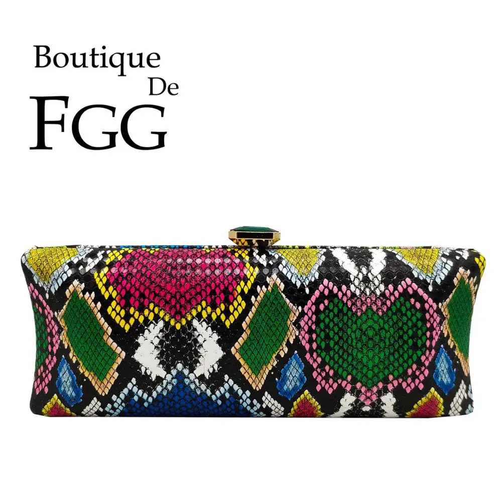 

Boutique De FGG Multicoloured Python Snake-Skin Women Evening Bags Clutches Ladies Cocktail Party Purses Chain shoulder Handbags