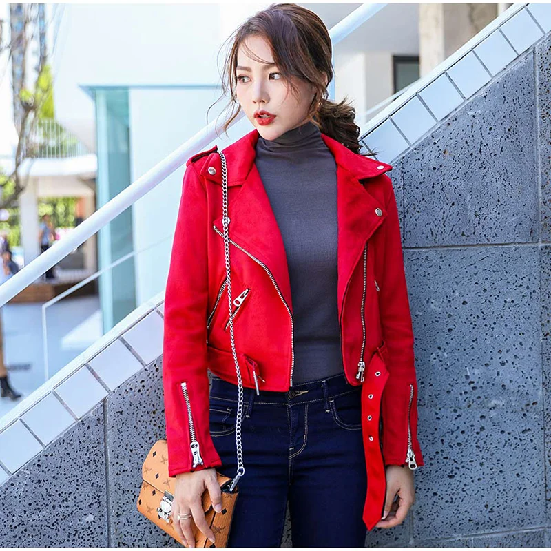 Искусственная кожа PU Замша Короткая Женская куртка на молнии мотоциклетная