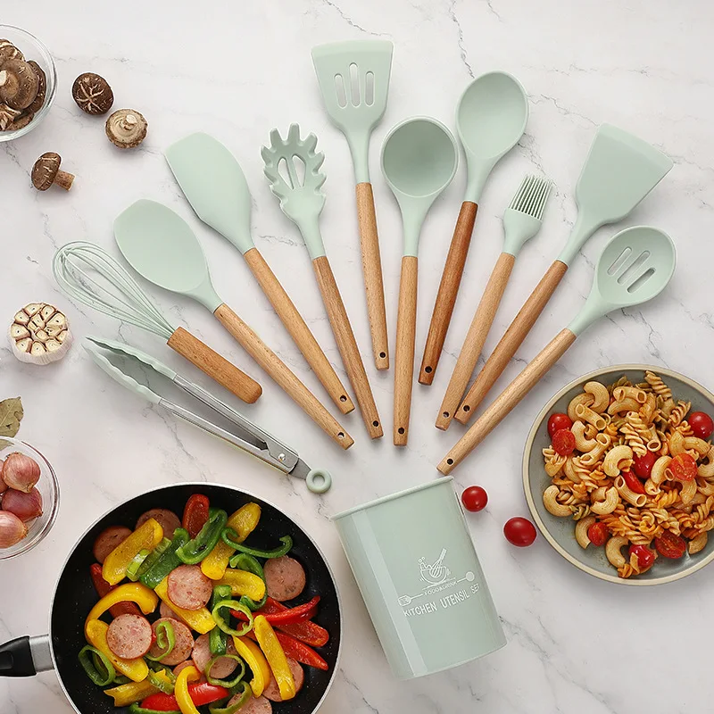 

Silicone Cooking Utensils Set Non-Stick Spatula Shovel Wooden Handle Kitchenware with Storage Box 11Pcs Kitchen Accessories