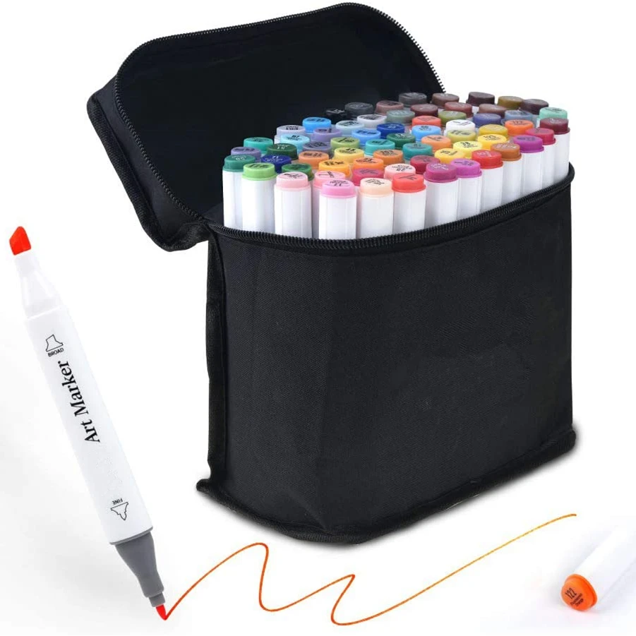 

Art Markers 60 Coloring Markers + 1 Blender, Alcohol Based Dual Tip Permanent Markers Highlighters with Case
