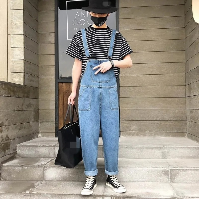 

Denim Jumpsuits Men Ankle Length Button-Strap Jeans Fashion Loose Fit Hip Hop Jumpsuit One-Piece Harem Pants S-2XL