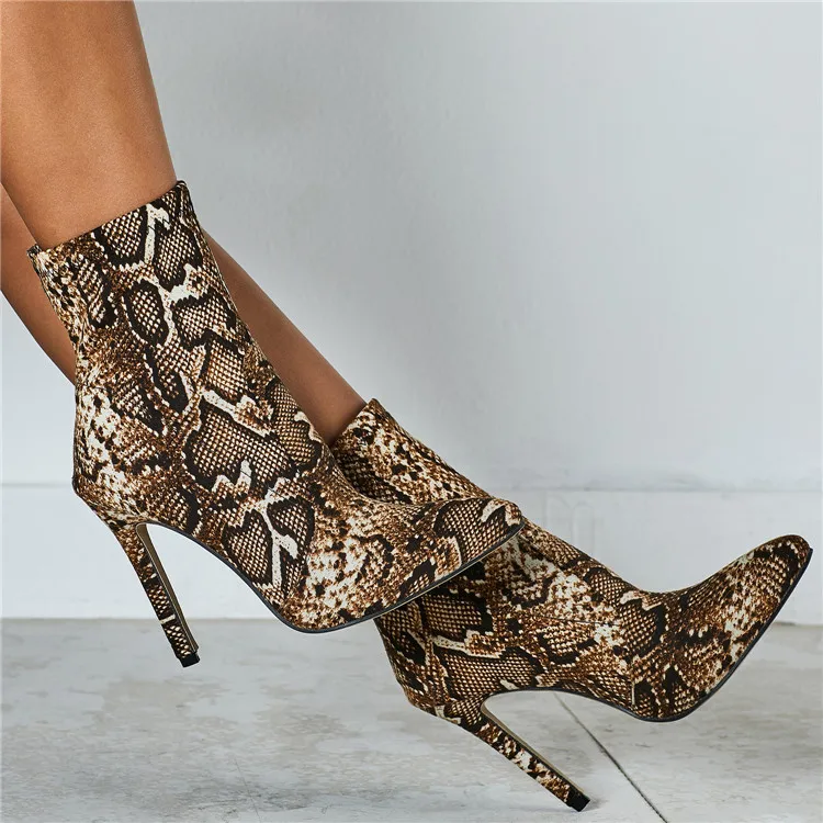 Eilyken/ г. Новые леопардовые ботинки под змеиную кожу женские ботинки на высоком каблуке пикантная обувь на молнии с острым носком женские ботильоны размер 41, 42