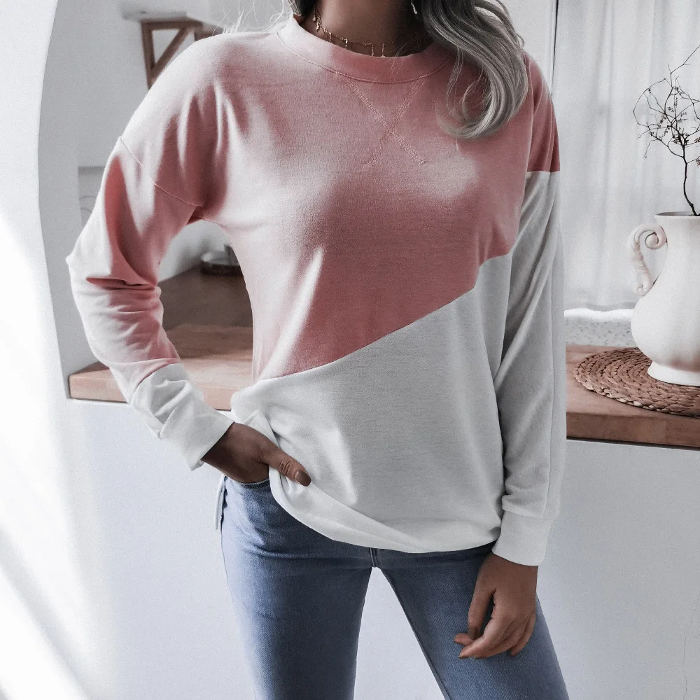 

Chifirena 2021 Plus Size Spring T Shirt Women Long Sleeve Patchwork Casual Top Loose Pullover Slim Tee Black Gray T-Shirts Femme