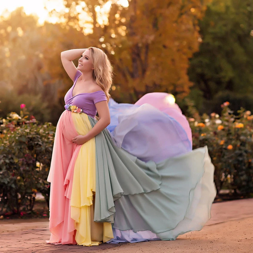 

Фиолетовое шифоновое платье для выпускного вечера с открытыми плечами длинное платье красочное платье для беременных Цветочное платье со ...