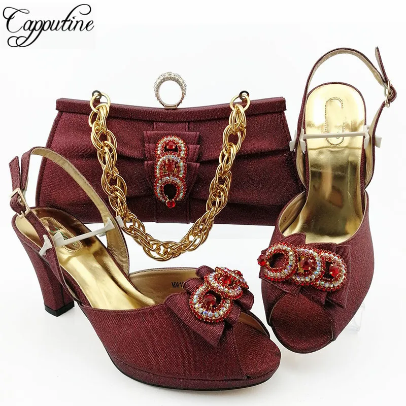 

Amazing wine sandals with purse bag African high heel shoes and handbag set MM1096, heel height 8.5cm
