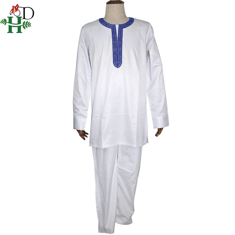 H& D agbada Мужская африканская одежда с длинными рукавами, топы и штаны, костюм с вышивкой Дашики, комплект из 3 предметов, традиционный наряд в африканском стиле