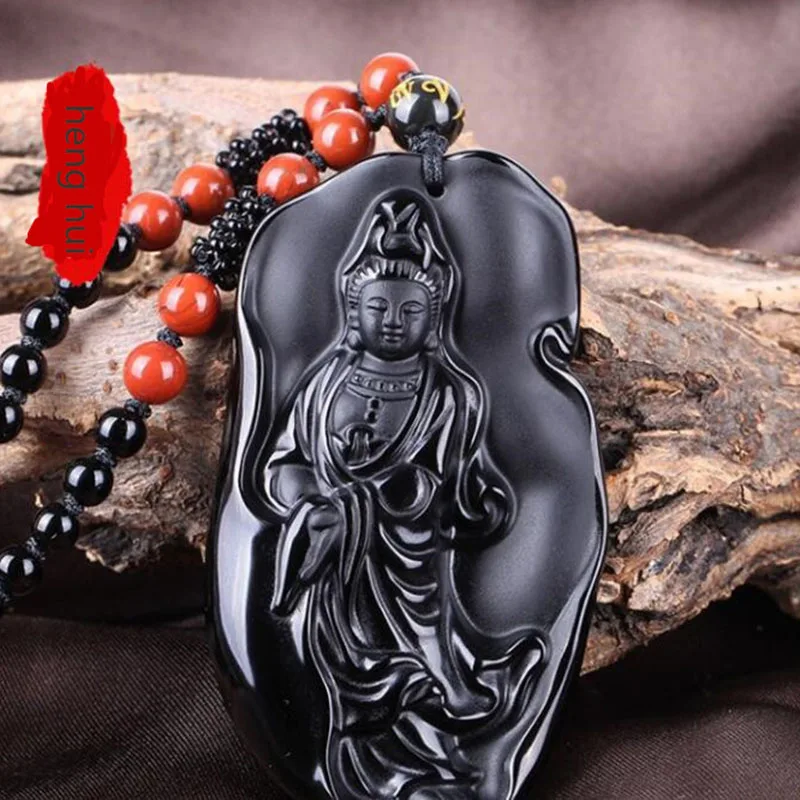 

Natural Black Obsidian Avalokitesvara Pendant Necklace popular for men and women fashion boutique jewelry rich and precious ausp