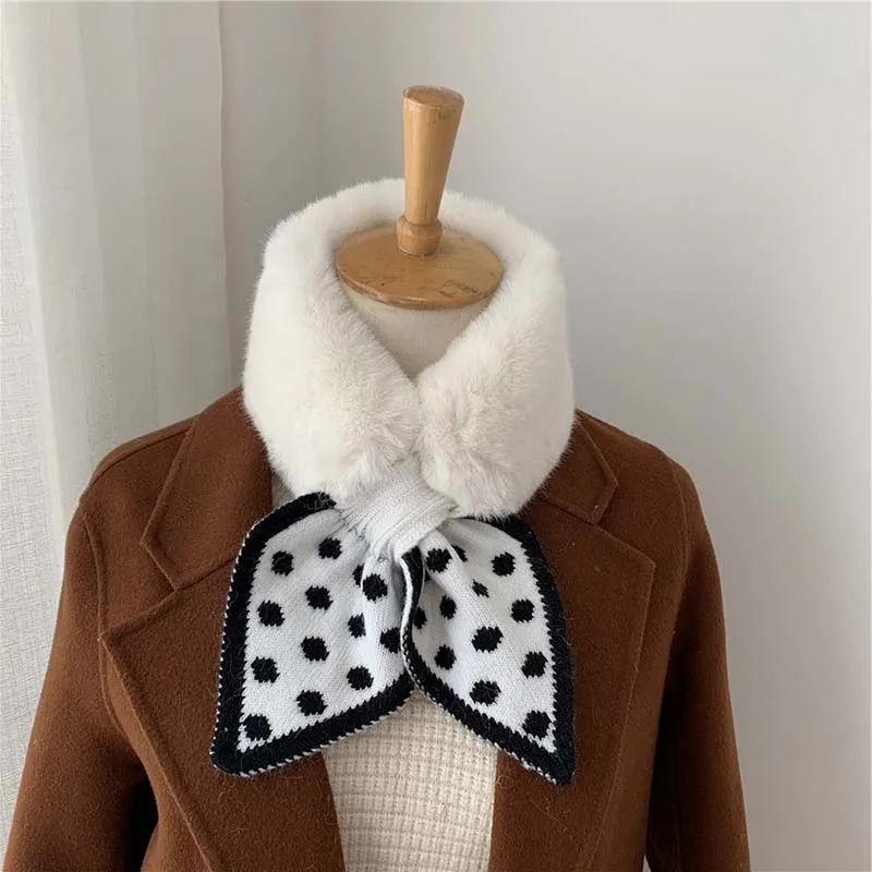 

2021 New Winter Warm Dot Printed Knitted Choker Scarf Female Faux Rabbit Fur Neck Collar Scarves for Ladies Foulard Femme Hiver