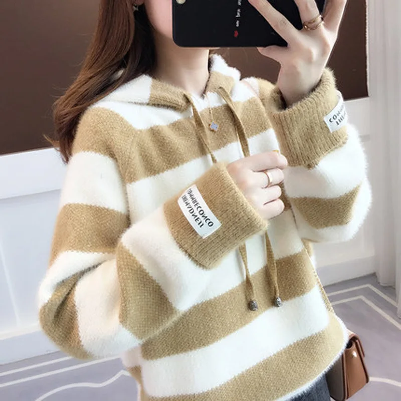 

2021 Autumn Spring Women's Jumper Hooded Stripe Long Sleeve Ladies Sweater Casual Warm Female Kintted Pullovers for Women Outwea