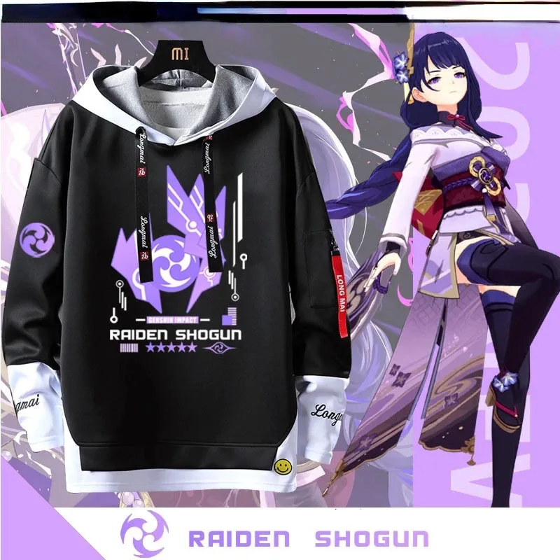 

Genshin Impact Cosplay Raiden Shogun Baal Stitching Fake Two-piece Men Women Sweaters Streamers Hooded Pullover Hoodies