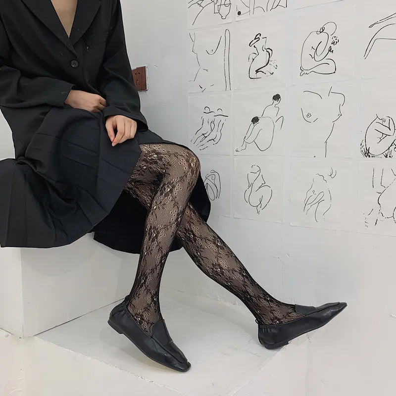 

Women Stockings Sexy Hollow Out Flower Silk Stocking Jumpsuit French Style High Waist Leggings Tights Sexy Lace Female Underwear