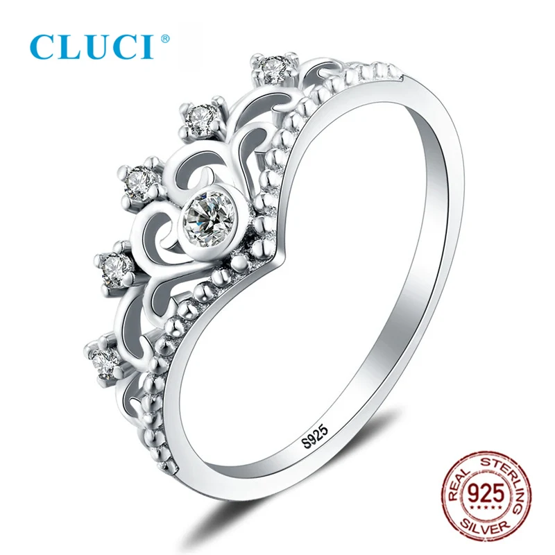CLUCI, настоящая 925 пробы, серебряная большая корона, женское кольцо, циркониевое ювелирное изделие, подарок на День святого Валентина для женщин, серебряное кольцо 925, Корона
