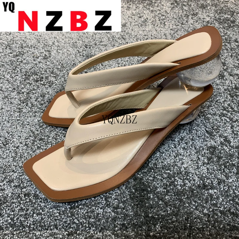 

YQNZBZ 2021 Summer Flip Flops Slippers Clear Transparent Med Heel Slides Fashion Round Ball Heel Slipper For Party Shoes Women
