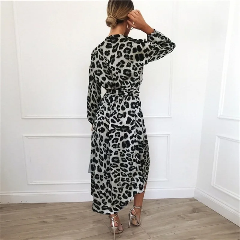 

Leopard Dress 2020 Women Vintage Long Beach Irregular Dress Loose Long Sleeve V-neck Sexy Party Fulldress Longuette