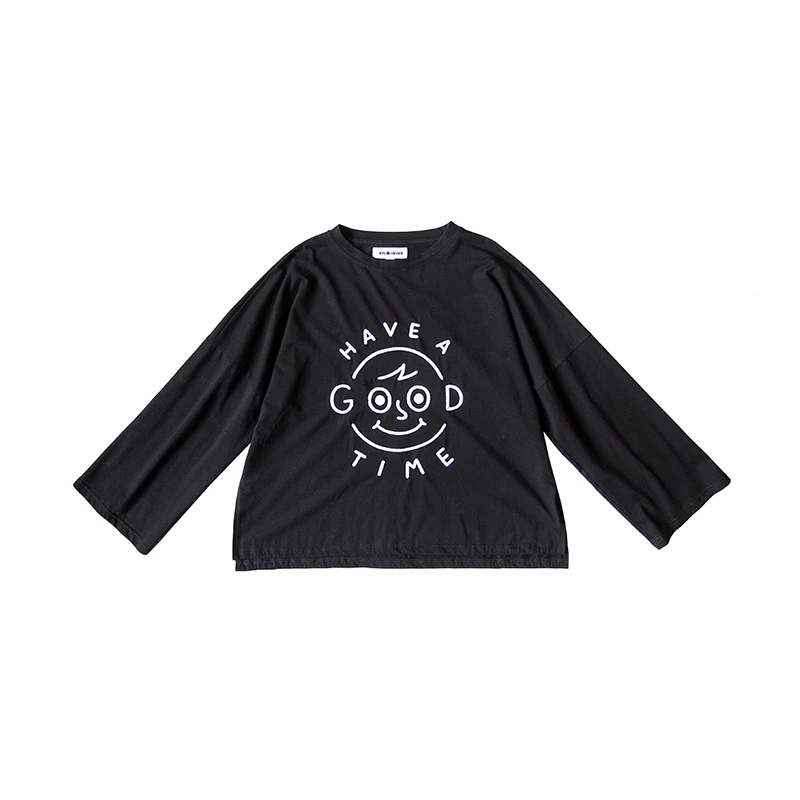 imakokoni black embroidered long-sleeved T-shirt original design simple childlike pure cotton tops female autumn 182450 | Женская одежда
