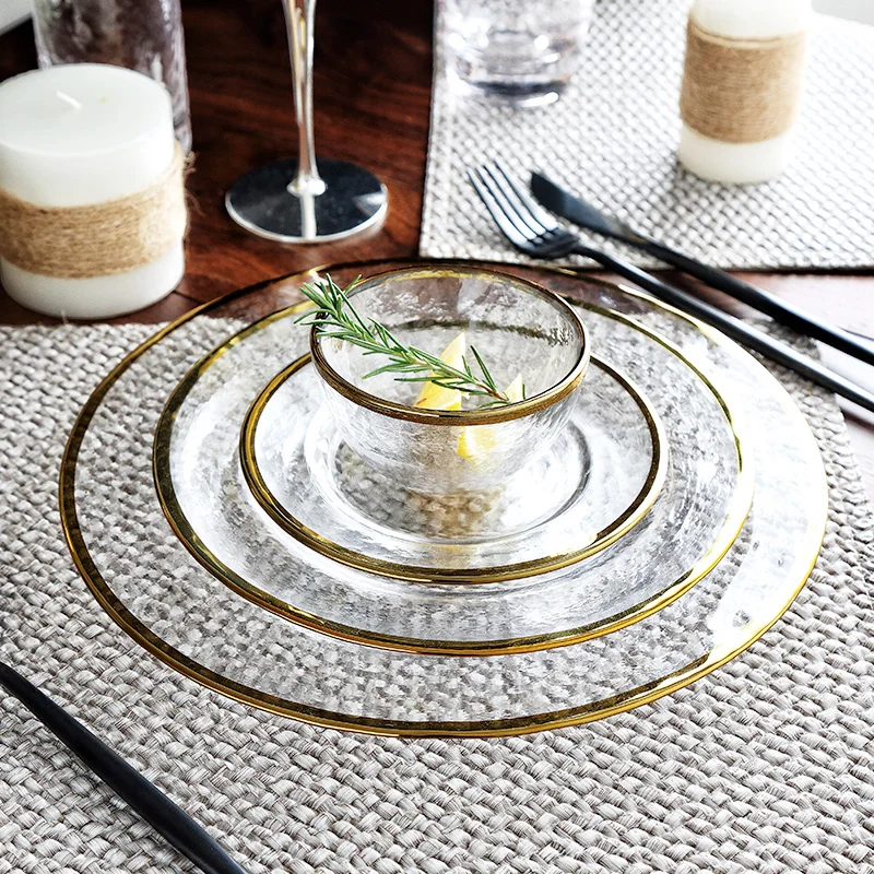 

Luxury Gold Inlay dinnerware plate serving platter Glass snack dish dessert